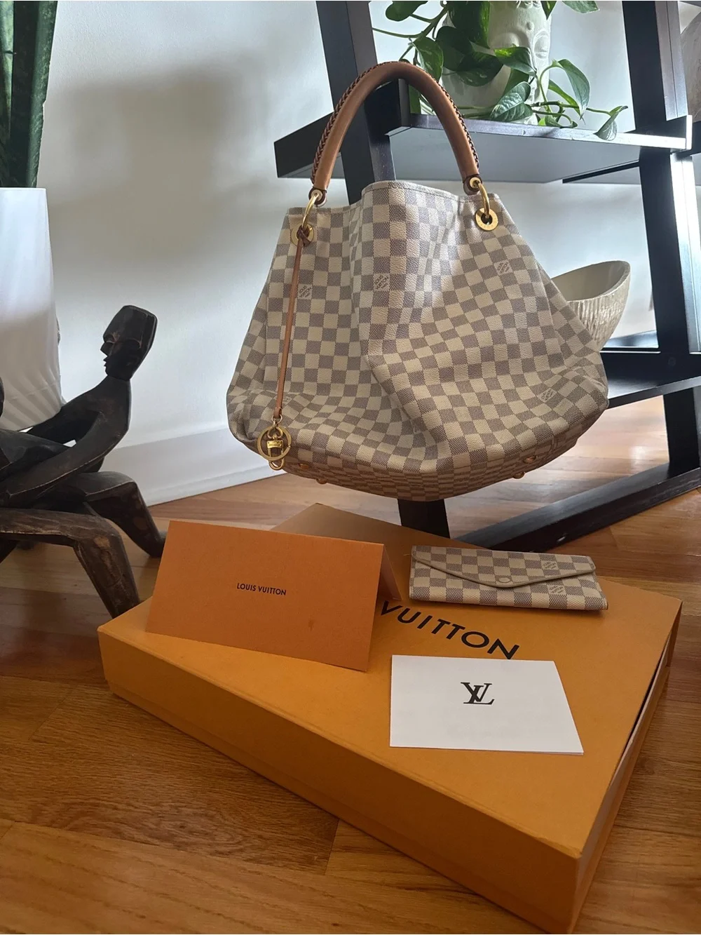 Louis Vuitton Damier Azur Hobo Shoulder Bag with Tan Leather Trim